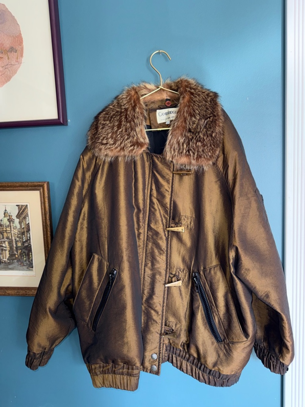 Cambridge Metallic Bronze Bomber with raccoon Fur Trim